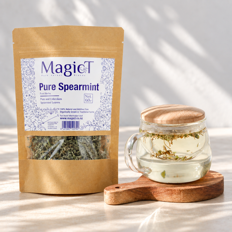 Pure Spearmint 60 g pouch with Wood Lid Glass Infuser Mug